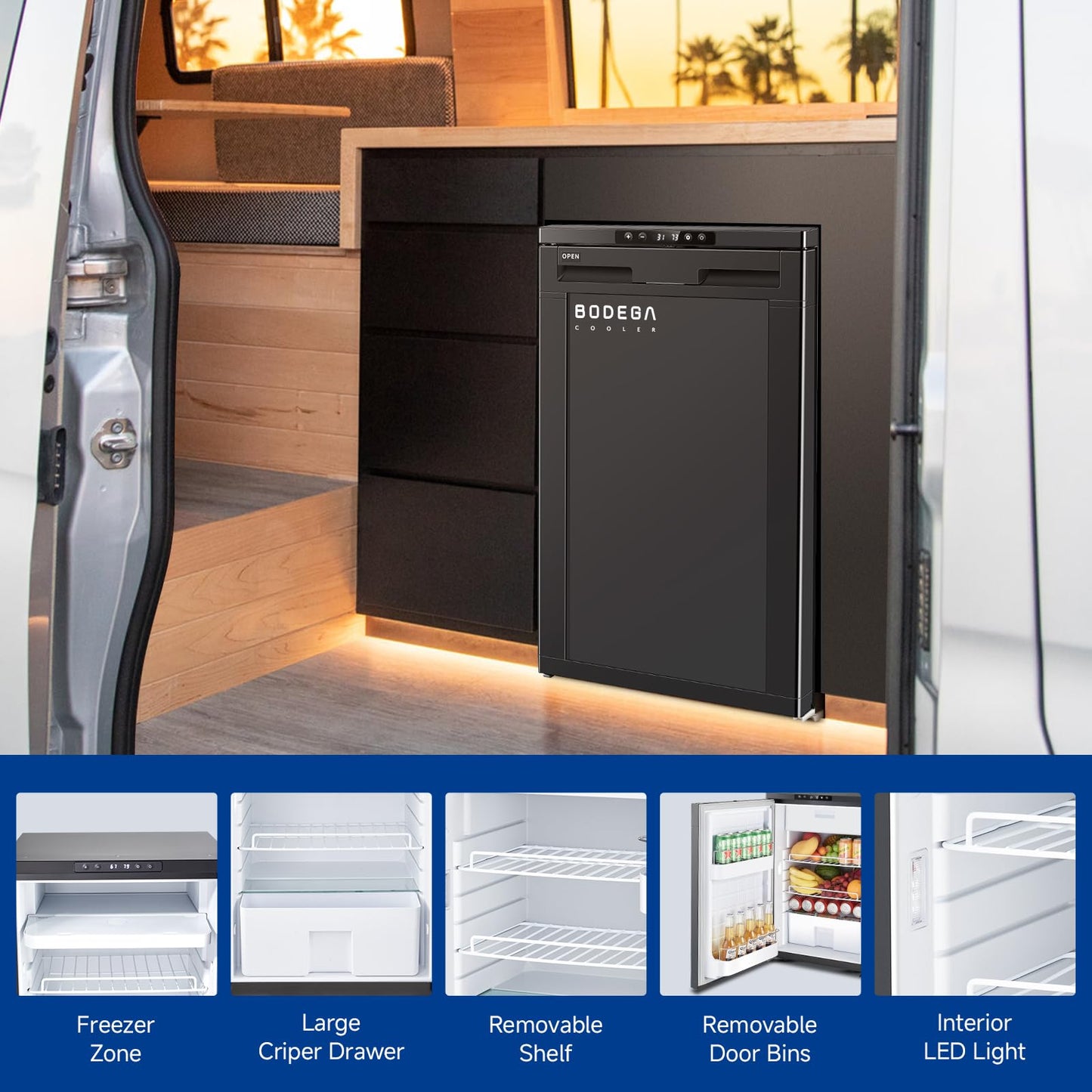 BODEGACOOLER 12V Portable RV Refrigerator – 83L Compressor Cooler with APP Control, Lock, Dual Power 12/24V DC